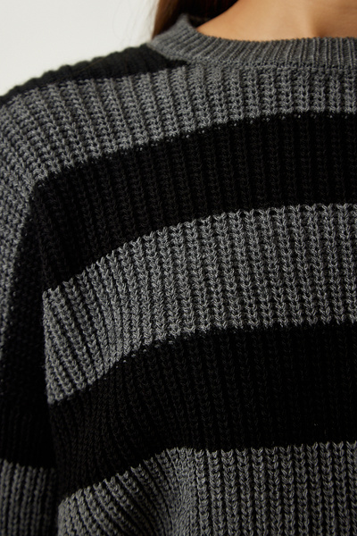 Happiness İstanbul Pulover de damă, gri, negru, cu dungi, tricotaje, PF00058