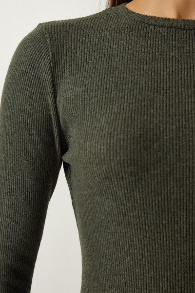 Happiness İstanbul Női khaki mini hasított kordbársony kötött ruha UB00211