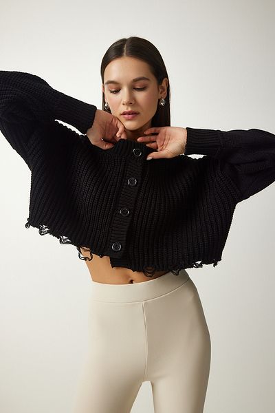 Happiness İstanbul Women's Black Ripped Detailed Buttoned Crop Knitwear Cardigan PF00054