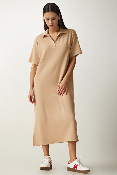 Happiness İstanbul Γυναικείο Μπεζ Πόλο Φόρεμα Πλεκτό Κοτλέ DZ00110
