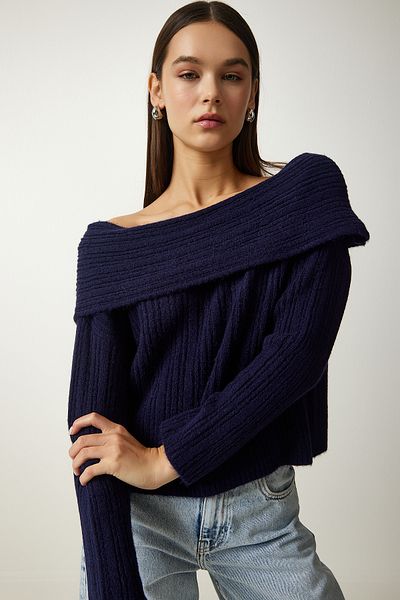 Happiness İstanbul Women's Navy Blue Madonna Collar Knitwear Sweater PF00049