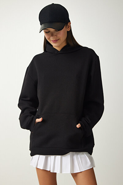 Happiness İstanbul Dámská černá mikina s kapucí v růžovém zlatě s potiskem OW00002