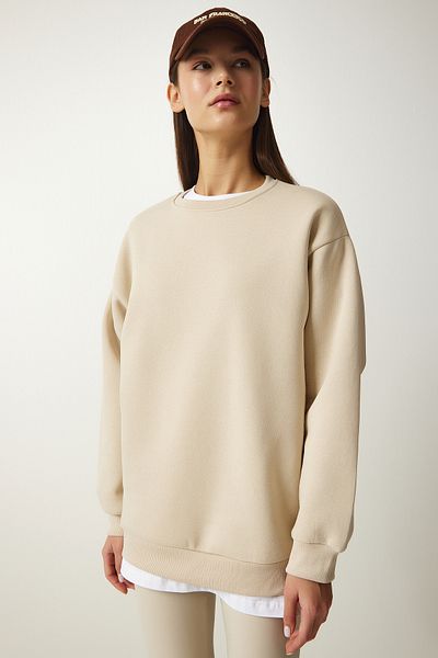 Happiness İstanbul Cremefarbenes Basic-Sweatshirt für Damen OW00001