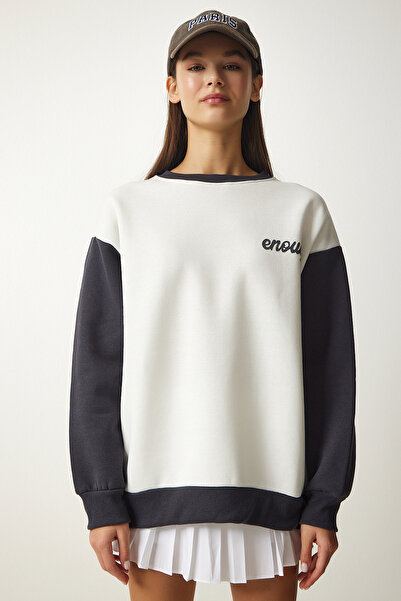 Happiness İstanbul Dámská vyvýšená mikina v bílé antracitové blokové barvě OW00005