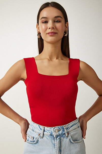 Happiness İstanbul Női Vörös tér galléros kötöttáru Crop blúz US00358