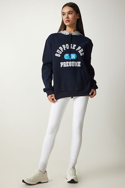 Happiness İstanbul Marineblaues Damen-Sweatshirt mit Kapuze und Roségold-Aufdruck OW00003