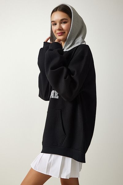 Happiness İstanbul Schwarzes Damen-Sweatshirt mit Kapuze und roségoldenem Aufdruck OW00003