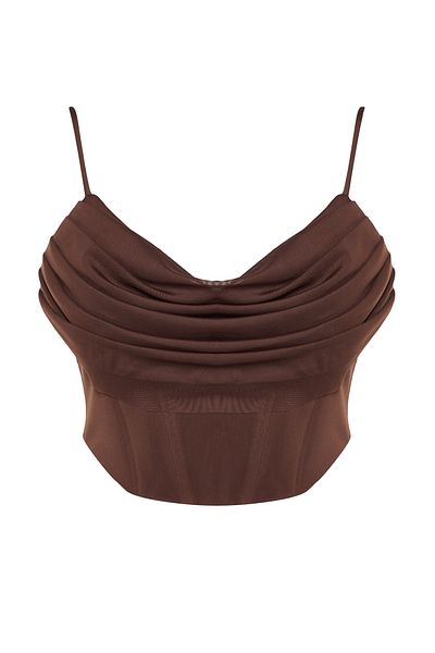 Trendyol Collection Πλεκτή μπλούζα από τούλι - Καφέ κορσέ με λεπτομέρειες, TPRSS24BZ00003
