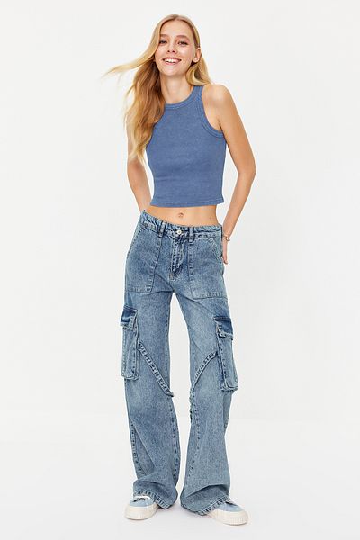 Trendyol Collection Blue Cargo Pocket High Waist Wide Leg Jeans TWOSS24JE00101