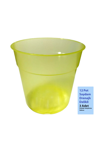 Orkide Yetiştirme Saksısı - 12 Pot - Sarı Renk - Saydam - Drenajlı - Delikli - 3 Adet