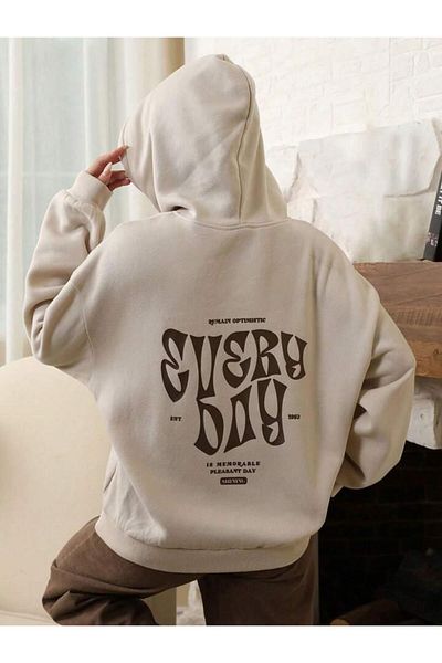 AEMİ Unisex Every Day Printed Hooded Oversize Φούτερ Μπεζ