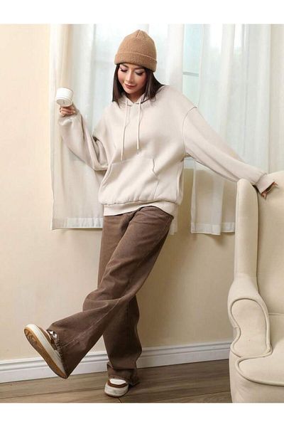 AEMİ Unisex Every Day Printed Hooded Oversize Φούτερ Μπεζ