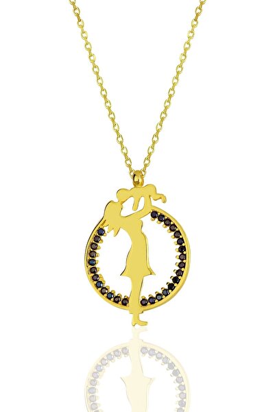 KAR DİAMOND 925 Ayar Gümüş Zincirli Altın Kaplama Siyah Taşlı Anne Çoçuk Sevg...