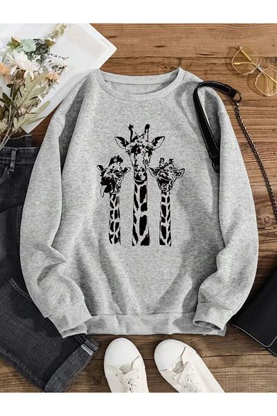 AEMİ Φούτερ Unisex Giraffe Printed Crew Neck Oversize