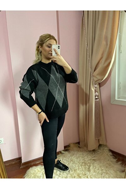 Gokilibutik siyah füme baklava desen kalın kazak