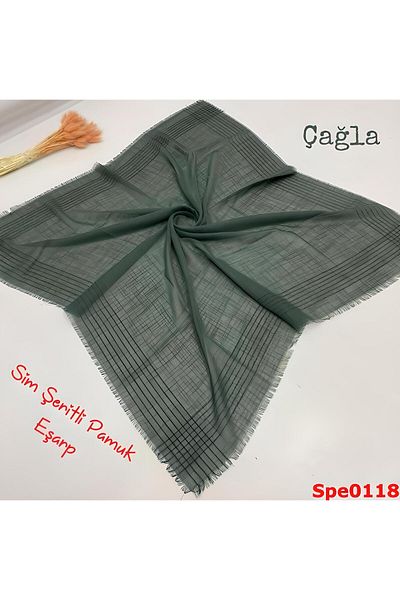Melodi Scarf Eșarfă de culoare uni cu dungi argintii pentru femei, pânză cu scris verde