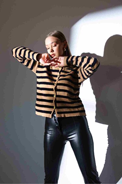Jose Clothing Premium Collection Black Brown Striped Gold Button Detail Furry Knitwear Cardigan