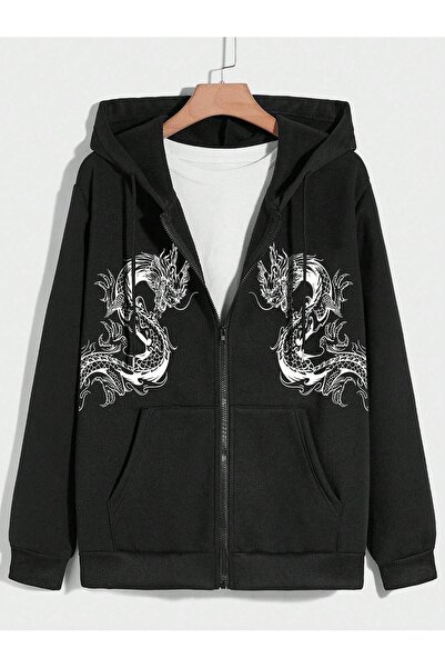 modaberry Dragons Printed Black Oversize Hooded Cardigan - Χειμερινό φούτερ μ...