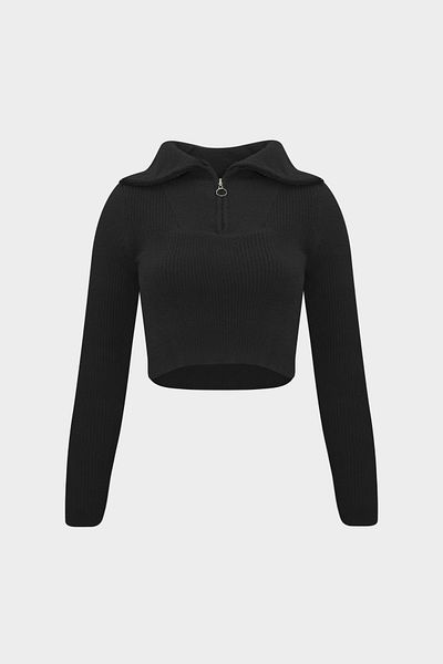 Açelya Okcu Premium Zipper Detailed Crop Women's Soft Knitwear Sweater