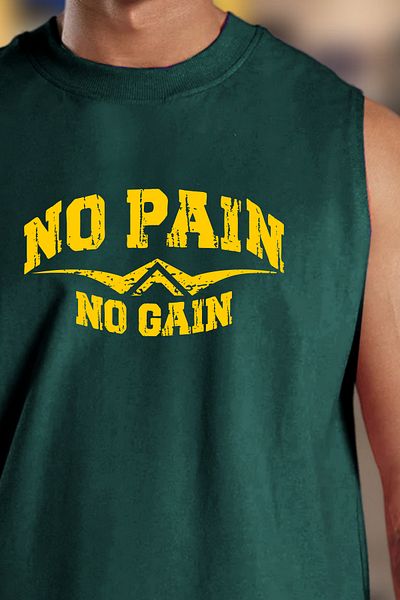 BESSA Men's No Pain No Gain Printed Petrol Oversize Crew Neck Cotton Sleeveless T-Shirt/Athlete