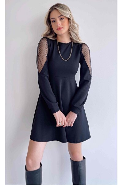 bayansepeti فستان سهرة أسود بأكمام طويلة من قماش التول المرن للنساء 027