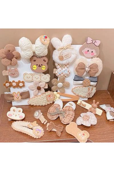 QUEEN AKSESUAR Imported Luxury 9-Piece Cream Coffee Bow Teddy Bear Flower Knitted Collet Snap Fastener Side Buckle Set Baby Kids