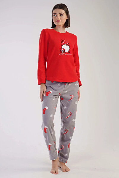 Vera Tarz Polar Yeni Yıl Kırmızı Gri - Uzun Kollu Pijama Takımı