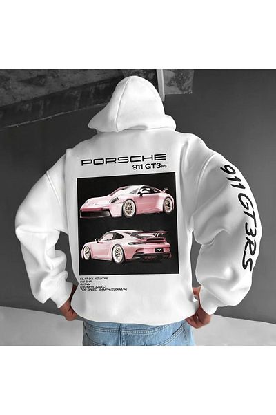 Combineman35 Men's White Porsche Printed Oversize Hooded Sweatshirt