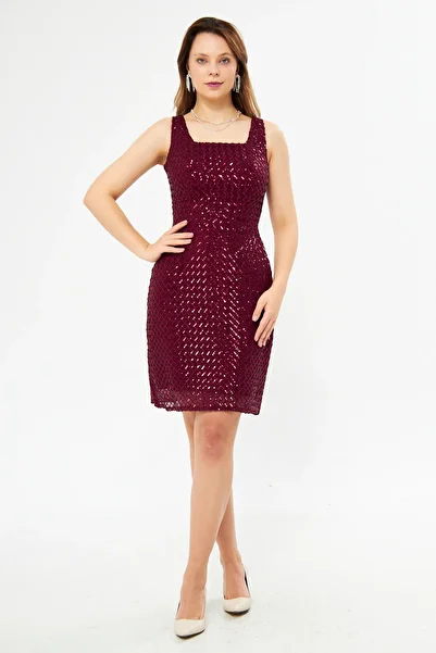 Bidoluelbise Burgundy Square Collar Patterned Sequin Sleeveless Mini Pencil Evening Dress