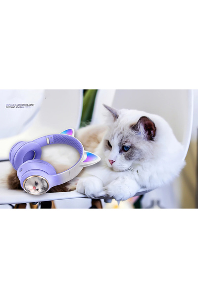 Coverzone Bluetooth Kulaklık Peluş Kedi Tasarımlı Kablosuz Kulak Üstü Kulaklık Kulakları Işıklı