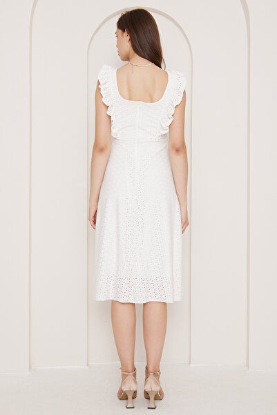 bayansepeti Beyaz Esnek Kumaş Kol Volan Detaylı Astarlı Tasarım Midi Abiye Elbise 084