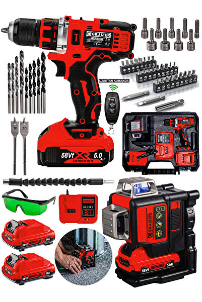 Graizer Alman 2"li Set 58 Vf 12 Köşe Otomatik Hizalama Lazer + Akülü Şarjlı V...