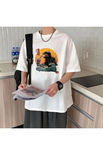 Le Savu Godzilla Sushi cu imprimeu Culoare albă Unisex supradimensionat tricou