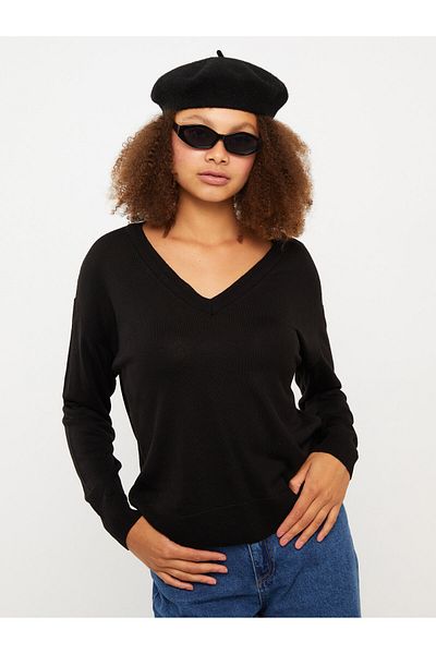LC Waikiki Women's Knitwear Sweater - V-Neck, Solid, Long Sleeve