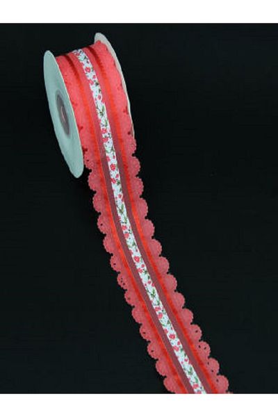 Kazanabil RED ORGANZE MEDIUM LEAF AND FLOWER PATTERNED RIBBON 4,5CMX10MT
