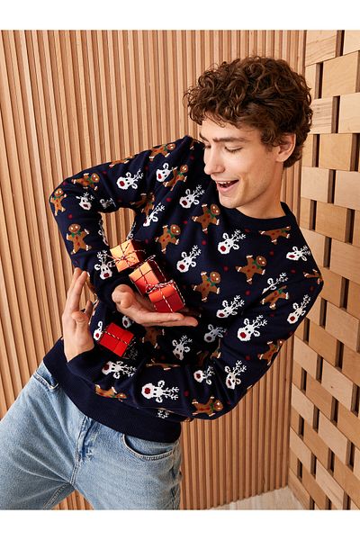 LC Waikiki Crew Neck Long Sleeve New Year Themed Men's Knitwear Sweater