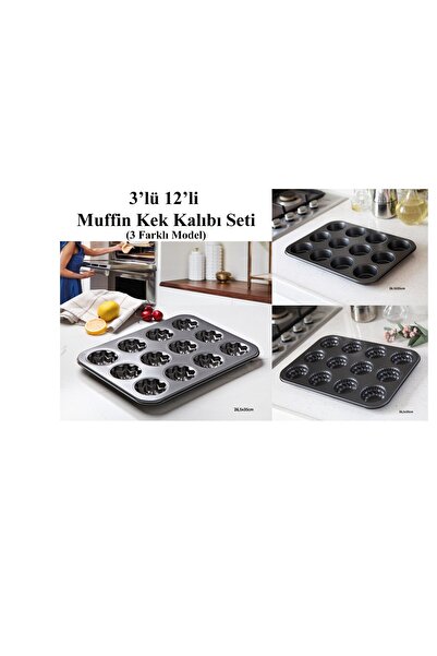 Tasarım Evi 3 Pieces of 12 Muffin Cake Molds - Fireproof Tray for Cupcakes an...