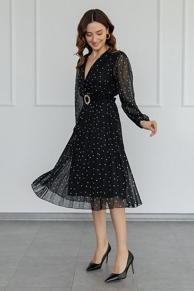 vuvutasarım Polka Dot Patterned Pleated Lined Chiffon Fabric Belt Detailed Flared Cut Midi Double Breasted Black Dress 091
