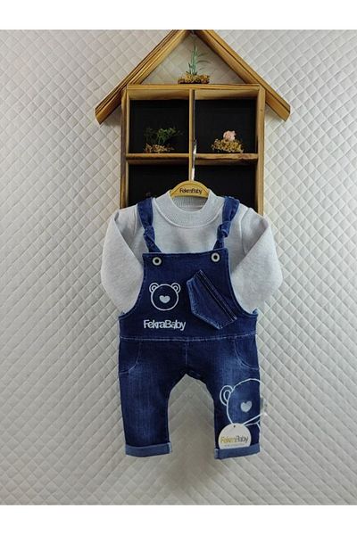 FEKRA BABY Baby Boy Buttoned Denim Salopet Jumpsuit and Long Sleeve Fleece Sweater Set of 2