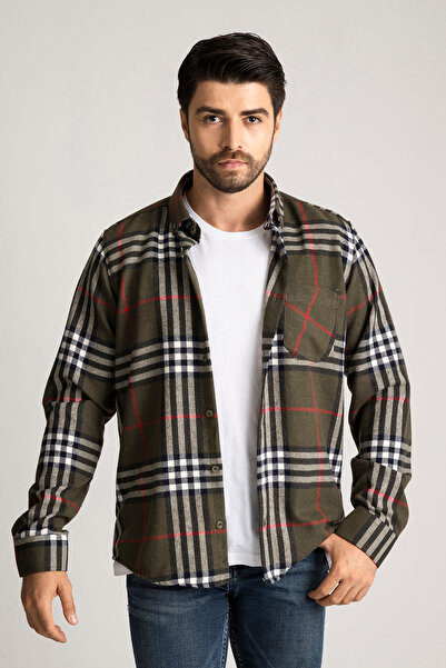 alenmeza Erkek Haki Yeşil Oduncu Kışlık Kareli Ekose Tek Cepli Casual Modern ...