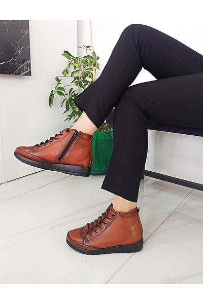 GDT Ayakkabı Tan Color Skin Δερμάτινα Παπούτσια με φερμουάρ με επίπεδη σόλα