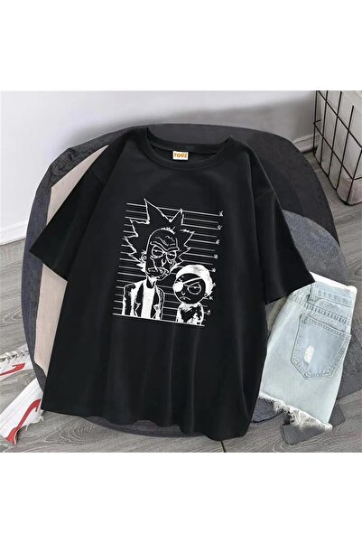 Le Savu R&M Печатана черна унисекс тениска с голям размер Le Savu