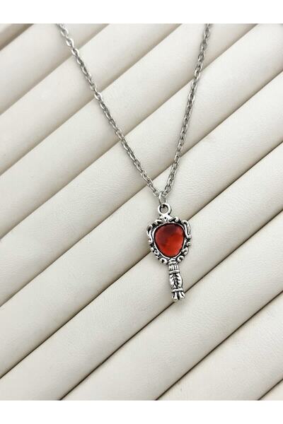 sleyshop Gümüş Renk Kırmızı Ayna Kolye