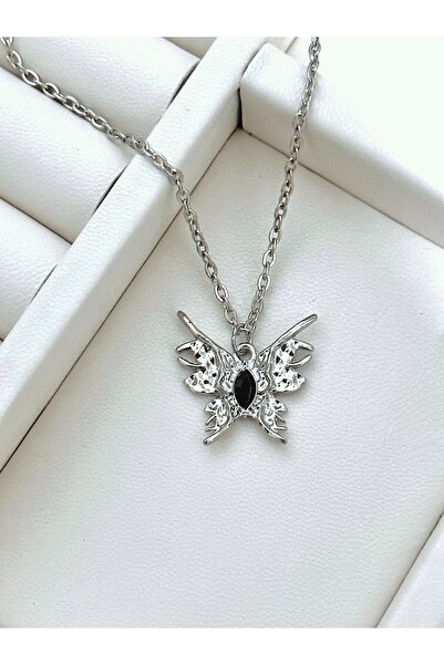 sleyshop Siyah taşlı gümüş renk kelebek kolye