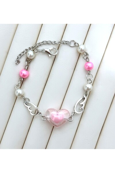 sleyshop melek kanatlı koyu pembe renk boncuk bileklik