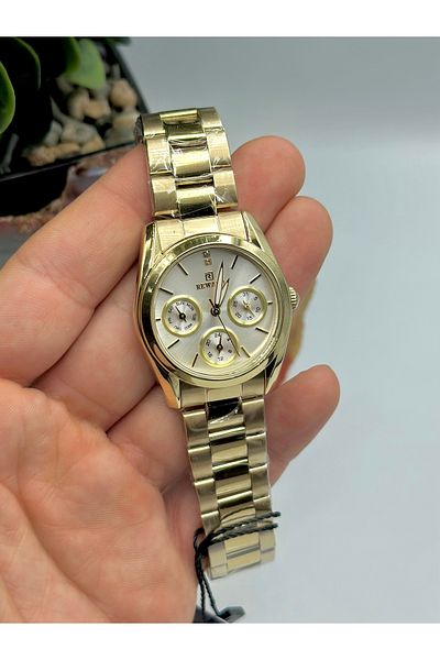 Reward Brand Gold Color Calendar Stylish Women's Wristwatch with Steel Band