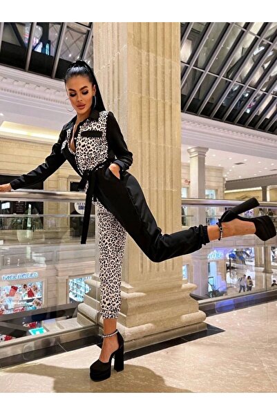 1Moda1Tarz Kadın Atlas Kumaş Leopar Desen Cepli Kuşaklı Gömlek Yaka Tulum Elbise