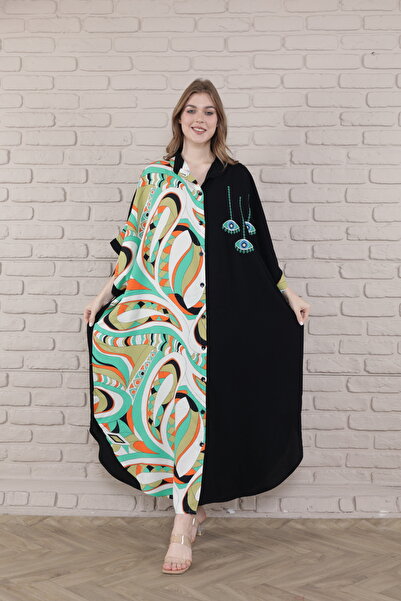 mervemoda فستان نسائي منسوج بياقة القاضي مقاس كبير باللون الأسود والأخضر