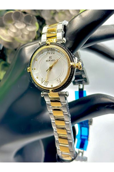 Reward Brand Two Year Warranty Silver-Gold Color Stylish Women's Wristwatch with Steel Band