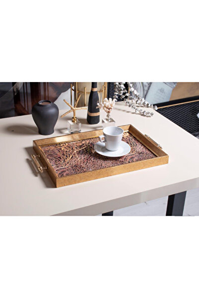 TAVOLO ARTE Gold Çerçeve Leopar Desen Dekoratif Servis, İkramlık ve Sunum Tep...